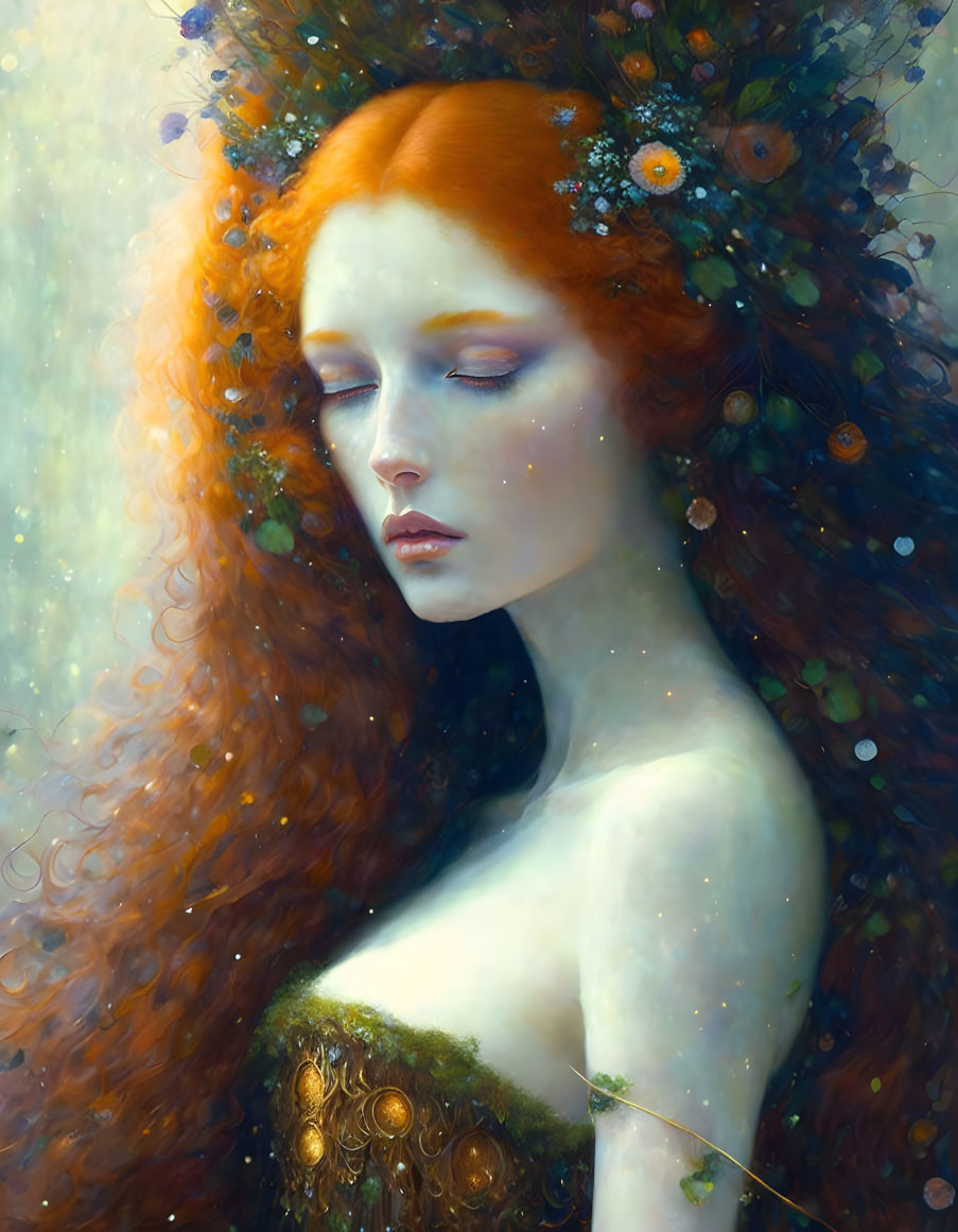 Surreal portrait of woman with radiant red hair and closed eyes