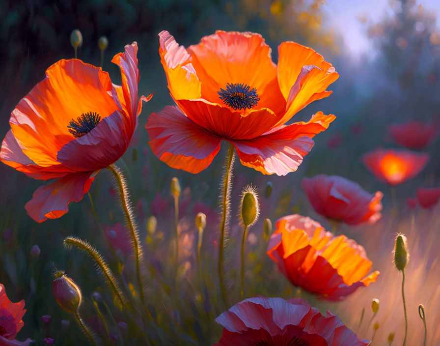 Bright red poppies blooming in sunlit field with soft-focus background