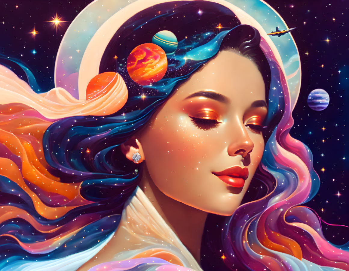 Cosmic-themed surreal portrait of a woman with galaxy hair and space elements