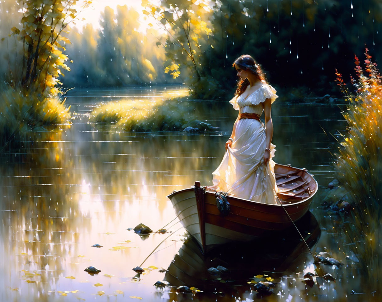 Woman in White Dress by Boat on Tranquil River surrounded by Lush Foliage