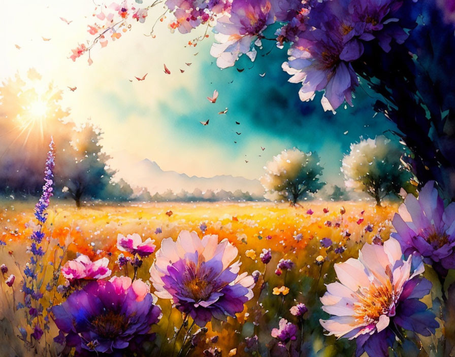 Sunlit flower-filled meadow with trees and butterflies