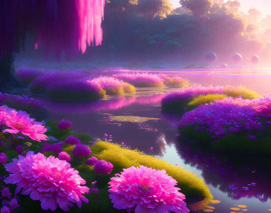 Vibrant pink and purple flora in fantasy landscape with serene water and glowing orbs at dawn or dusk