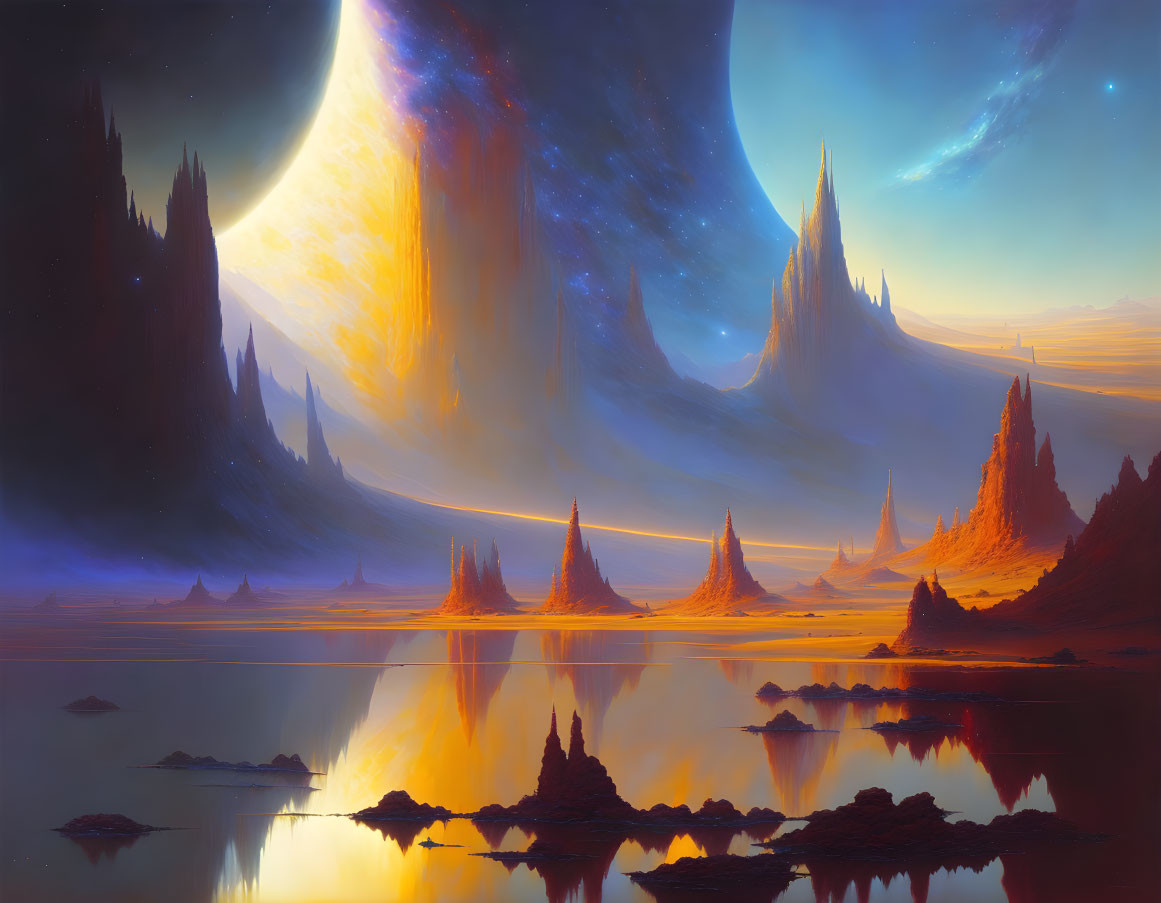 Alien landscape with spires, reflective water, and luminous planet at twilight