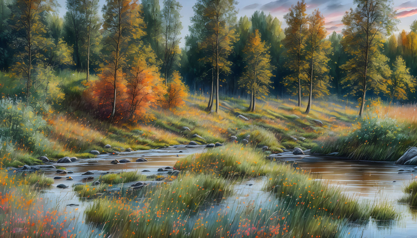 Tranquil river landscape with autumn trees and sunset sky