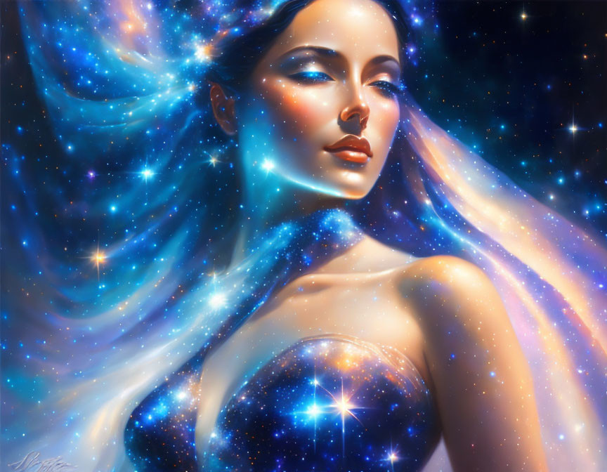 Digital artwork: Woman merging with cosmic nebula