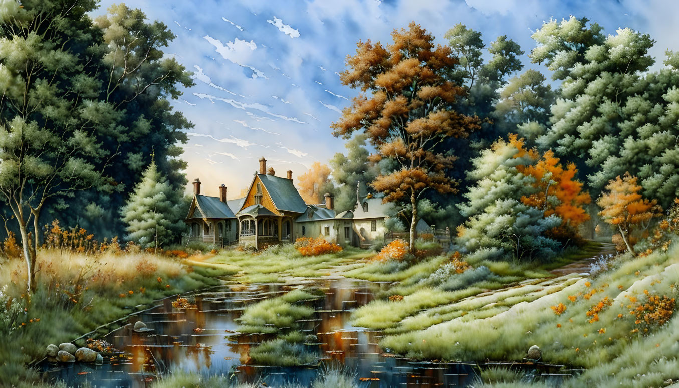 Tranquil countryside house with autumnal trees and stream