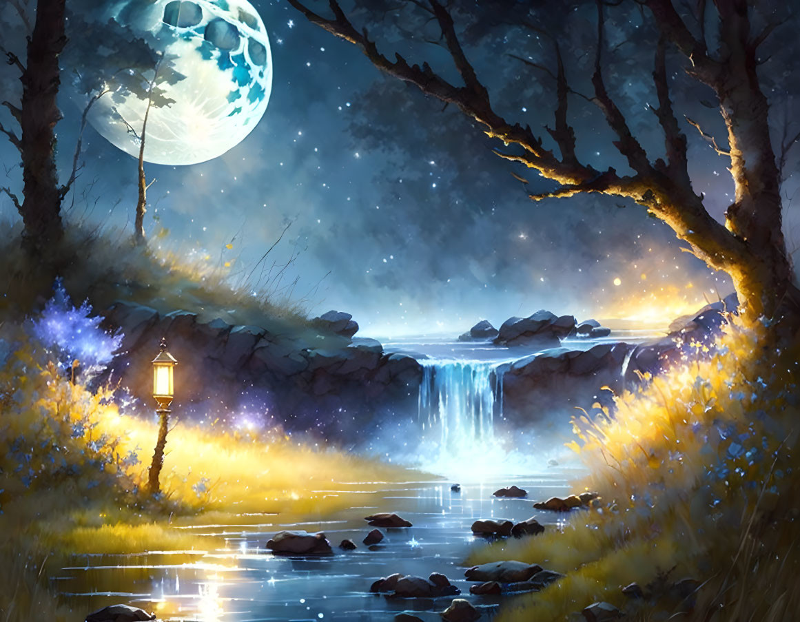 Tranquil forest night scene with full moon, lantern, stream, and waterfall