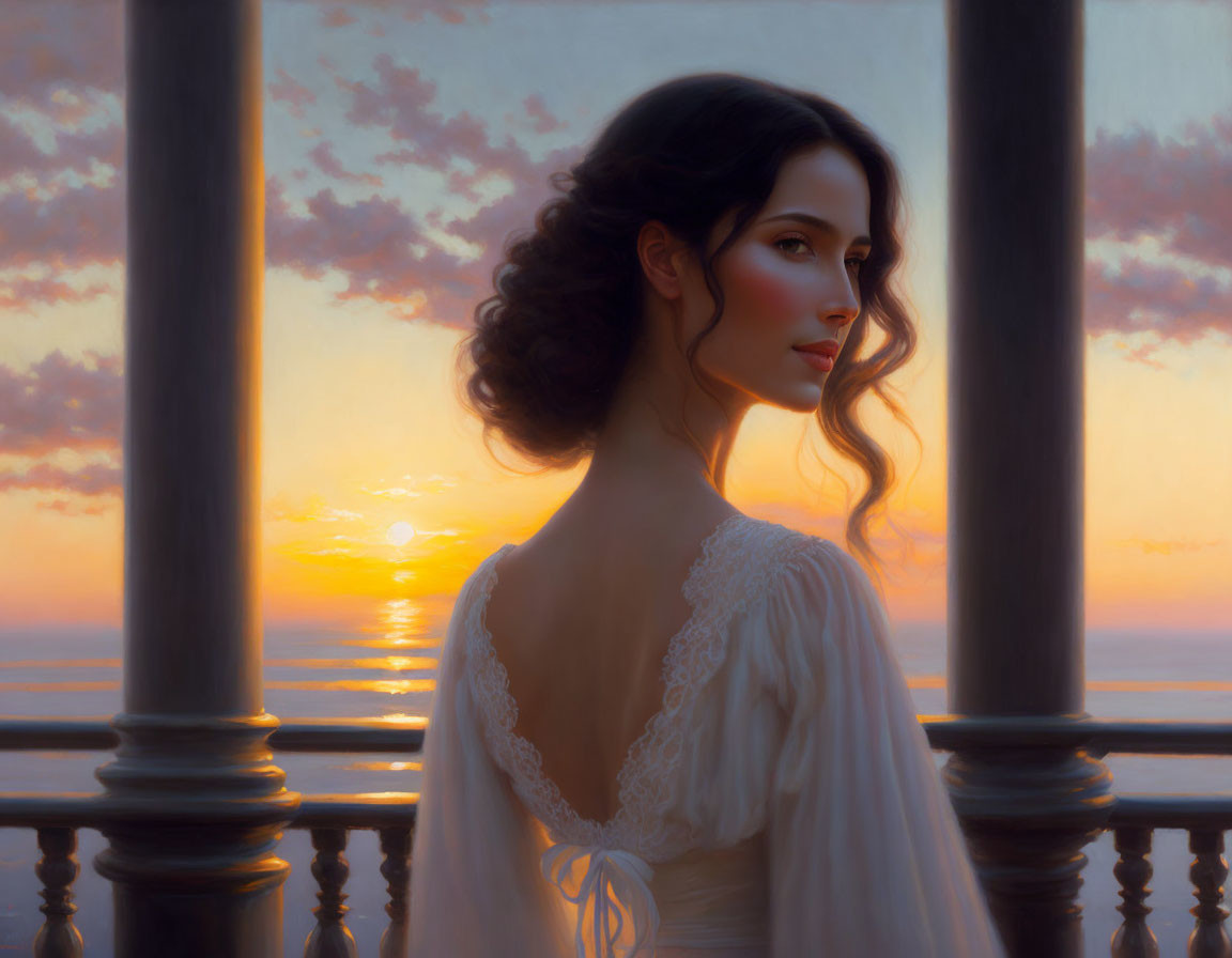 Woman in vintage white dress on balcony at sunset.