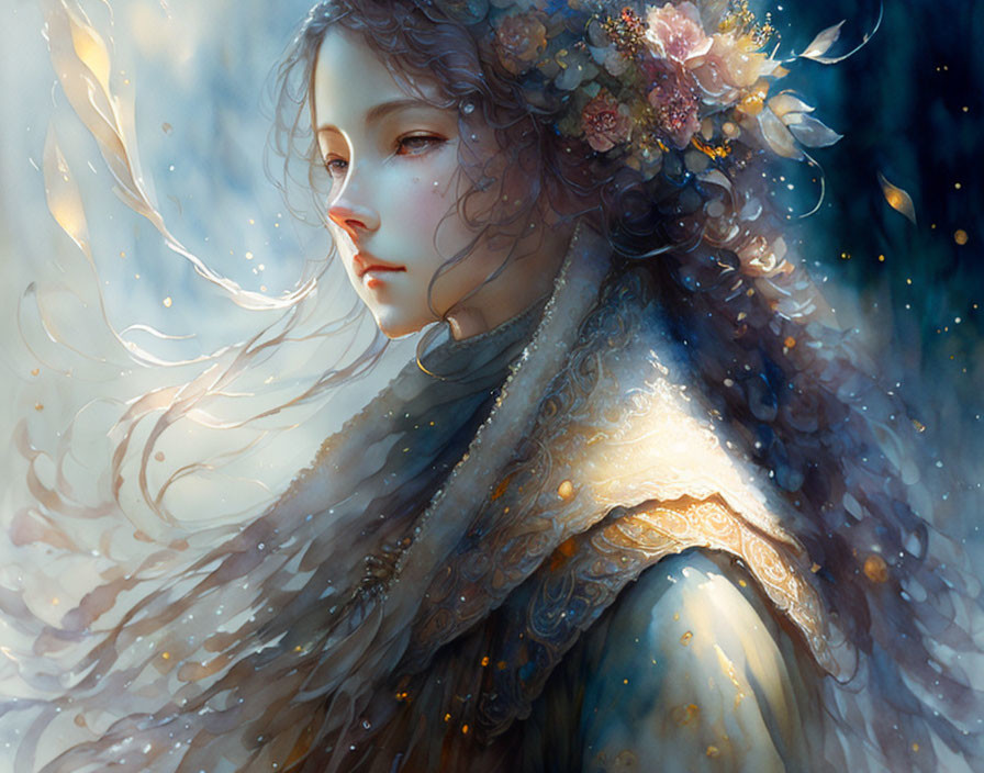 Ethereal woman with flower-adorned hair in blue cloak.