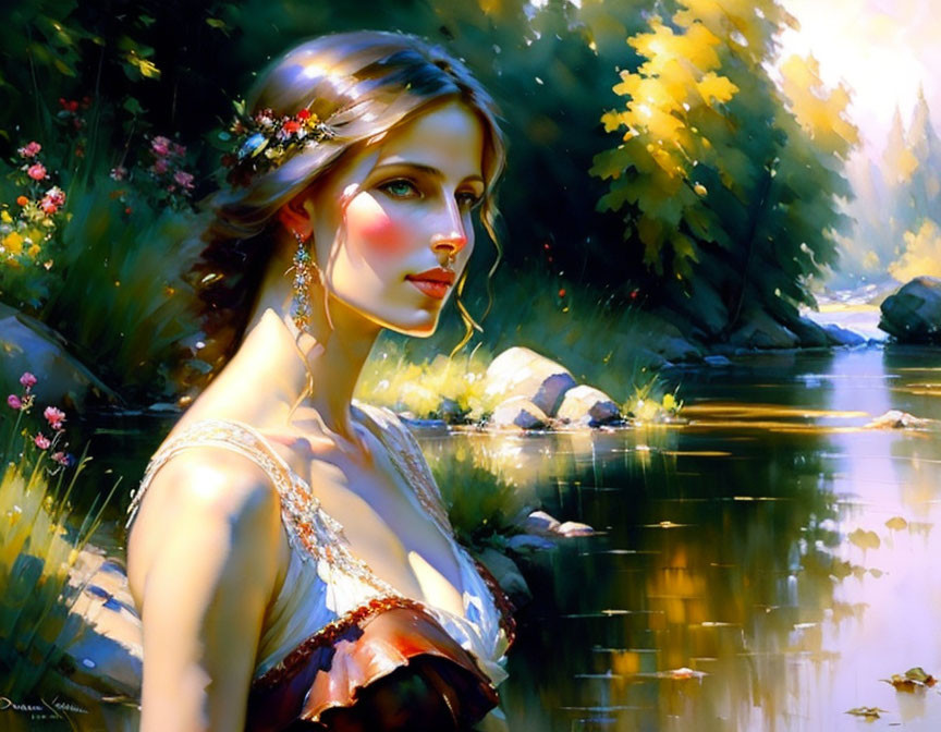 Woman with floral crown contemplating by river in sunny forest landscape