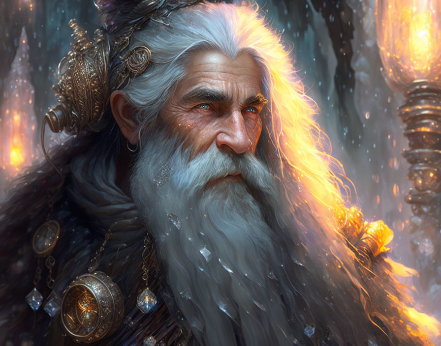 Illustration of wise old man with white beard and jewelry in candlelit snowy scene