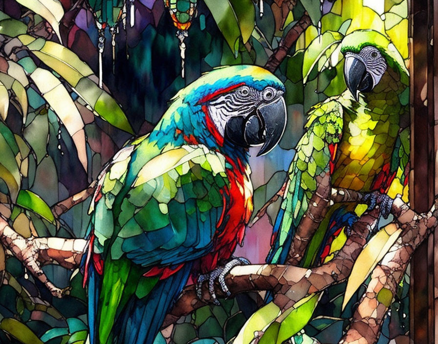 Colorful Parrot Illustration with Lush Green Foliage