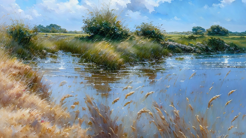 Tranquil landscape painting of river, grass, and wildflowers