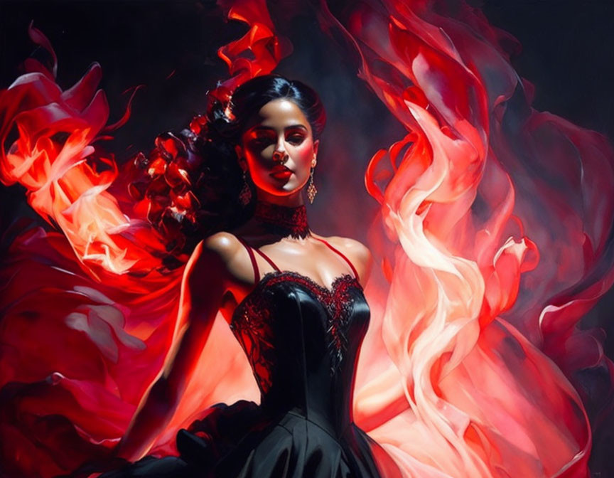 Woman in Black Gown with Red Swirling Fabric on Dark Background