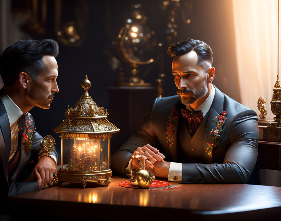 Elegantly dressed men in serious conversation at vintage lamp-lit table