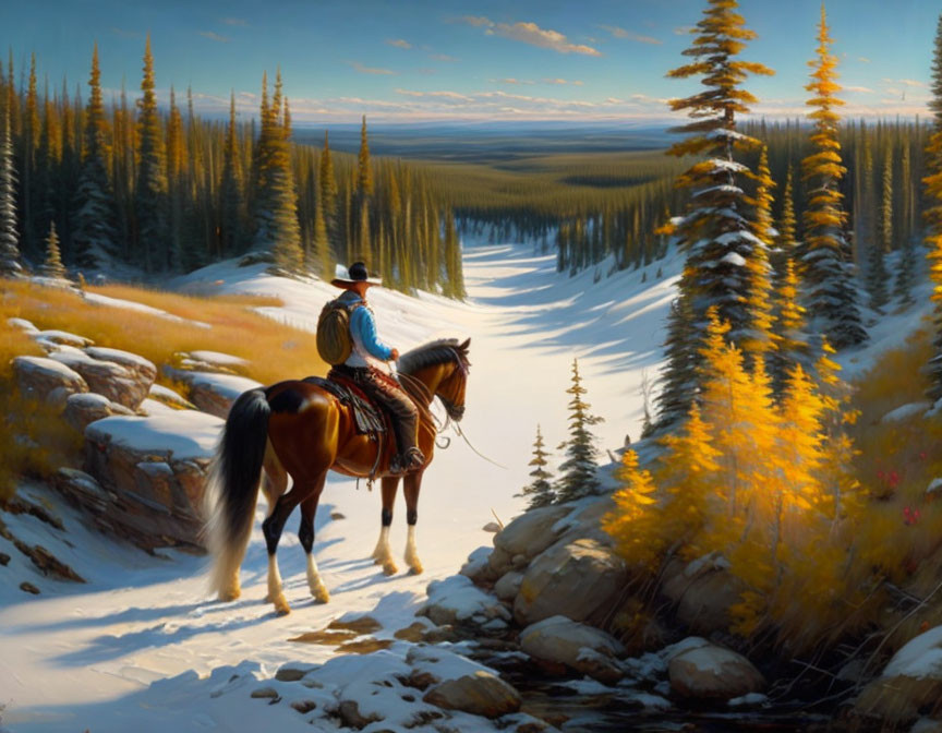 Cowboy on Horseback in Snowy Mountain Valley with Forests