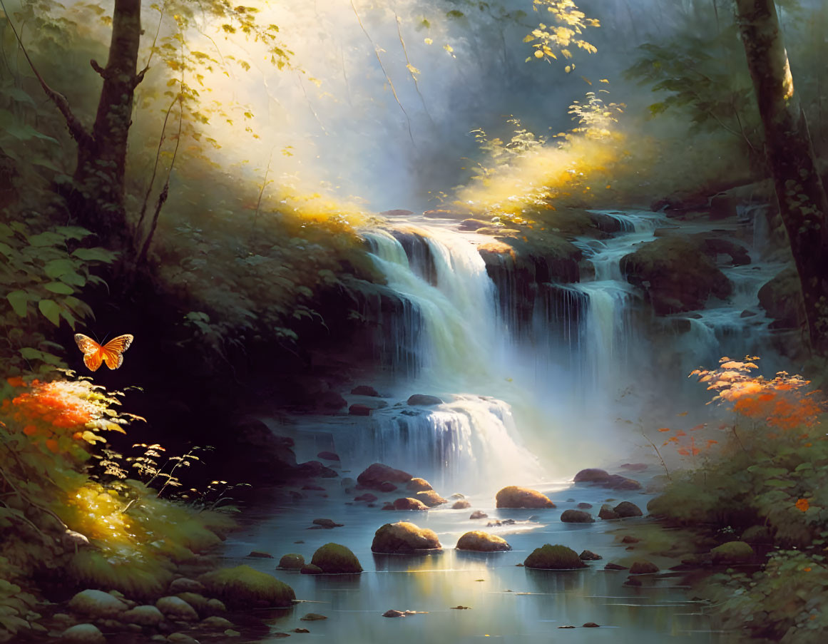 Tranquil forest waterfall with butterfly, rocks, and lush greenery