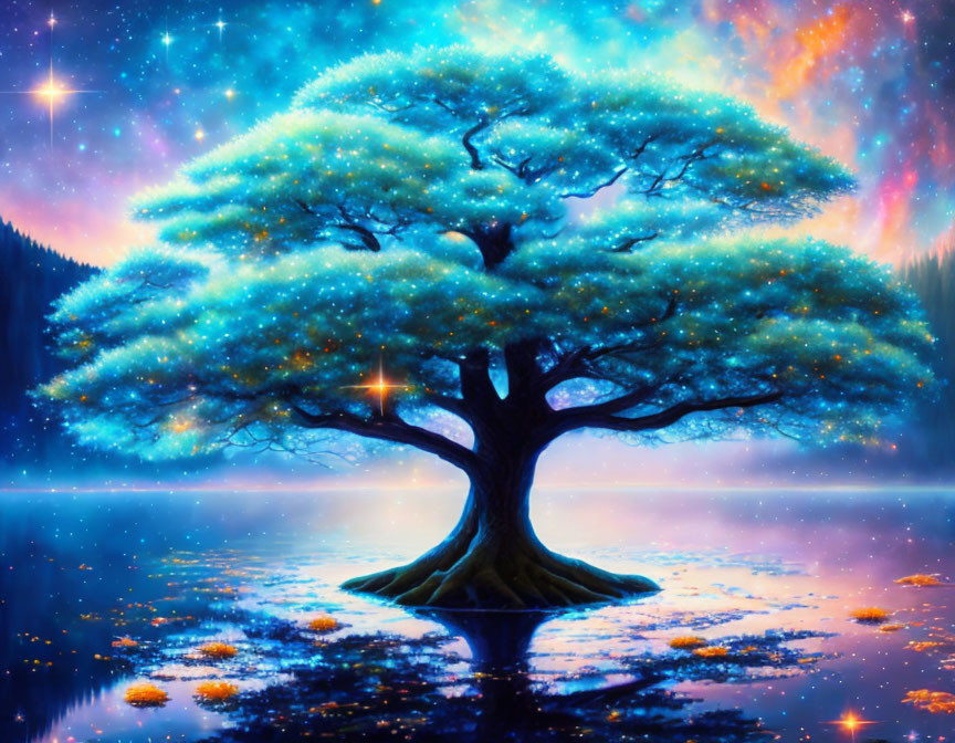 Colorful artwork: Glowing blue tree, starry sky, nebula, tranquil lake