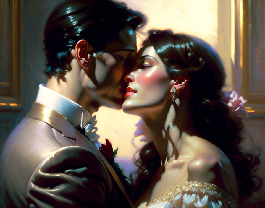 Elegantly dressed couple in romantic embrace with soft lighting