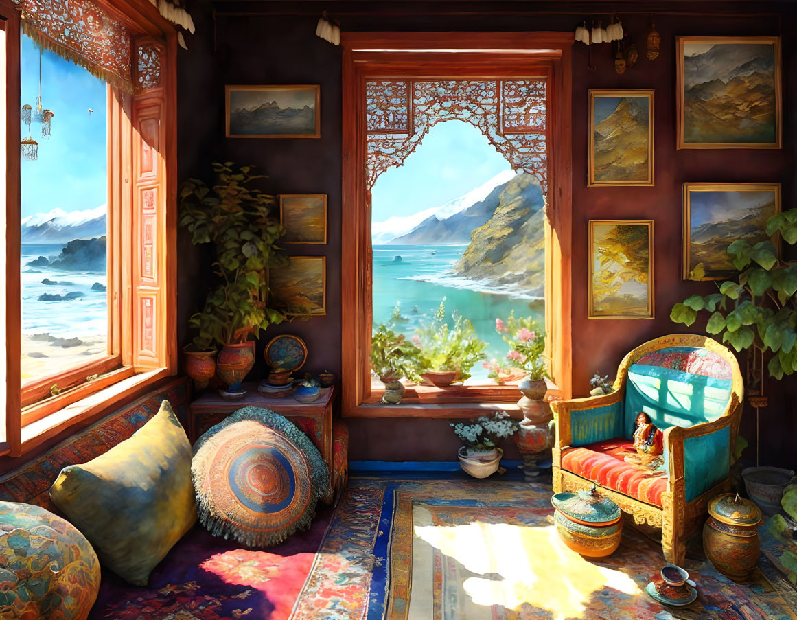 Vibrant cushions, comfy chair, ornate windows, colorful rugs, plants, coastal view.