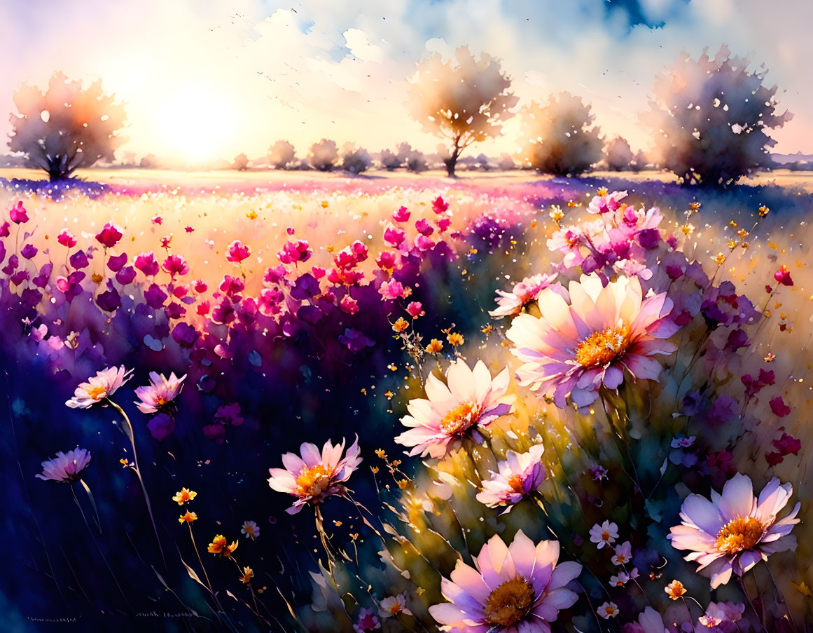 Sunlit field with pink and white flowers and glowing light.