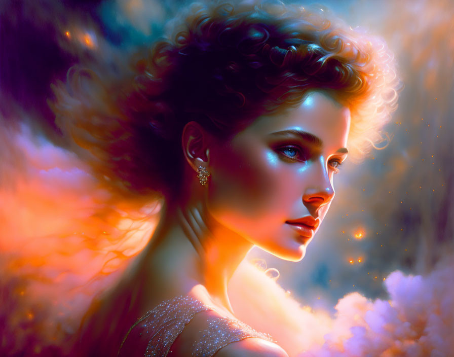 Woman with Curly Hair in Dreamy Digital Painting