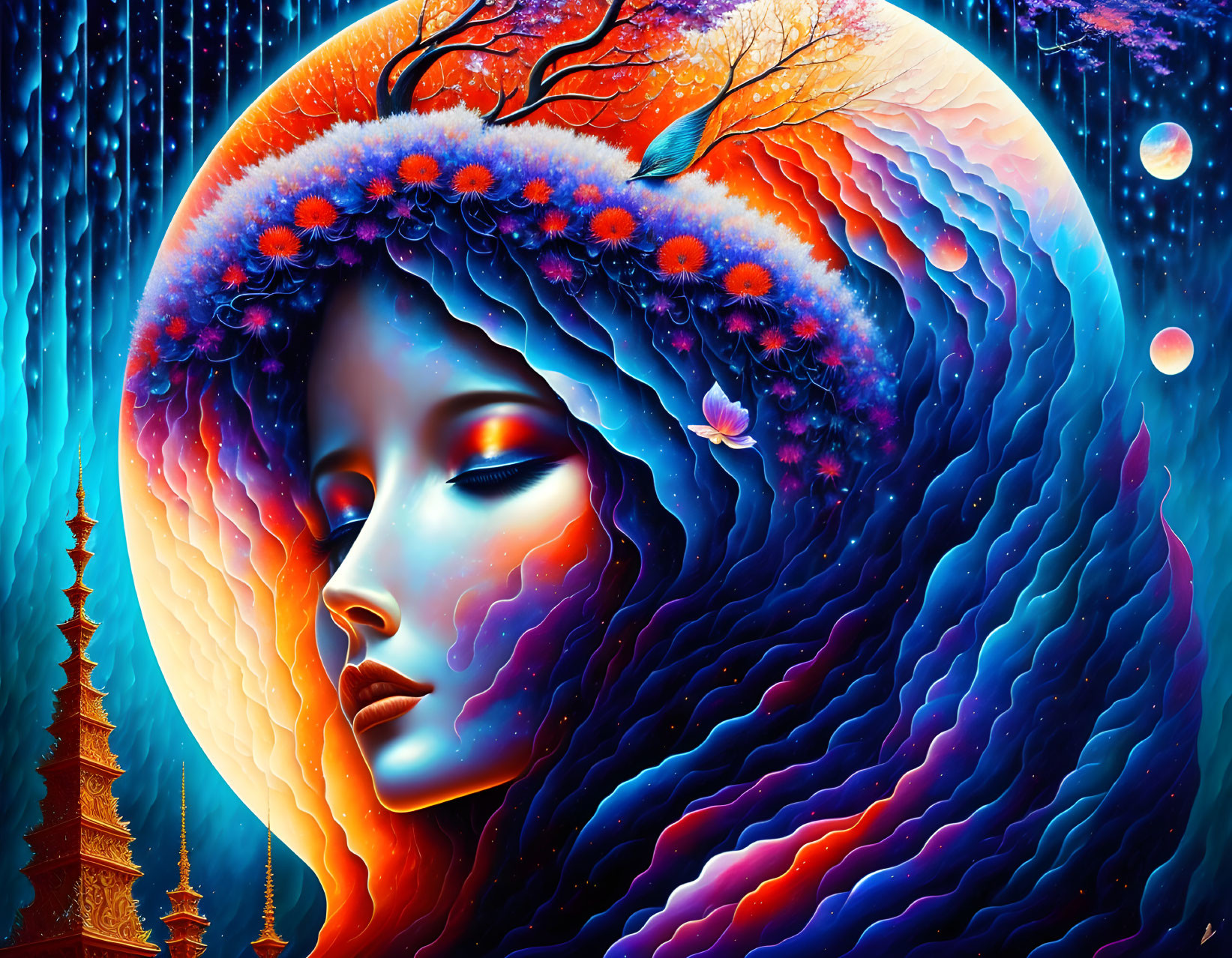 Surreal portrait of a woman with space-like flowing hair and cosmic elements