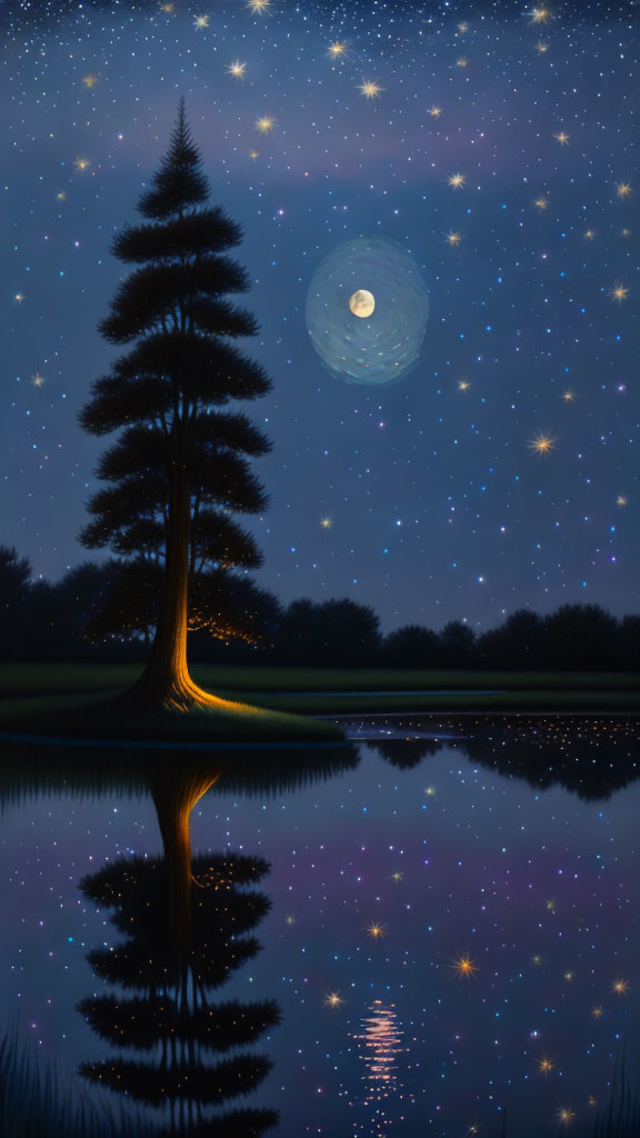 Tranquil night landscape with lone tree by calm lake under starry sky