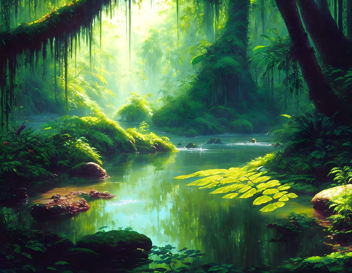 Tranquil sunlit forest with lush greenery and serene pond