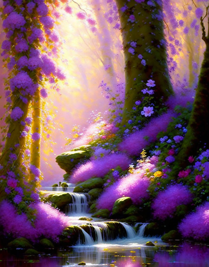 Fantasy landscape with purple and pink flora around a serene waterfall