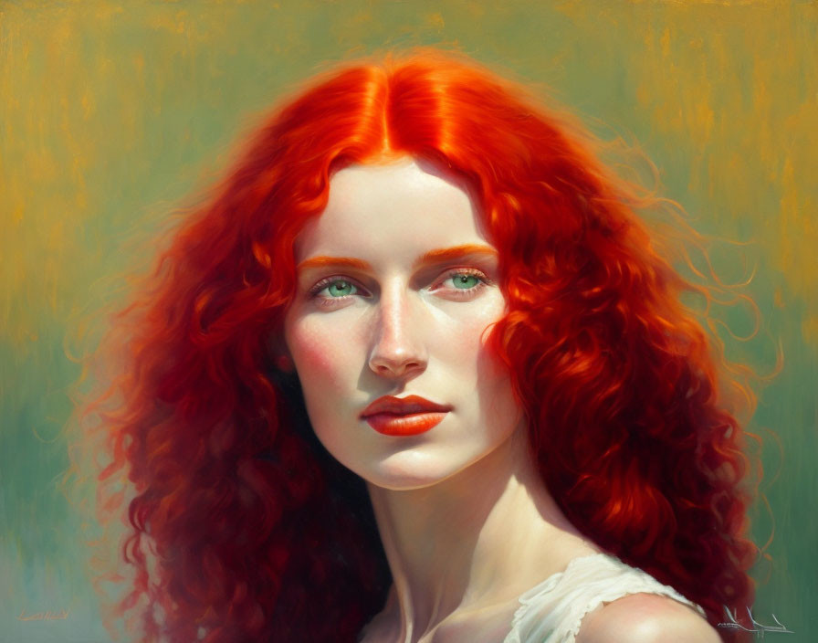 Portrait of Woman with Red Hair, Fair Skin, and Green Eyes on Yellow Background