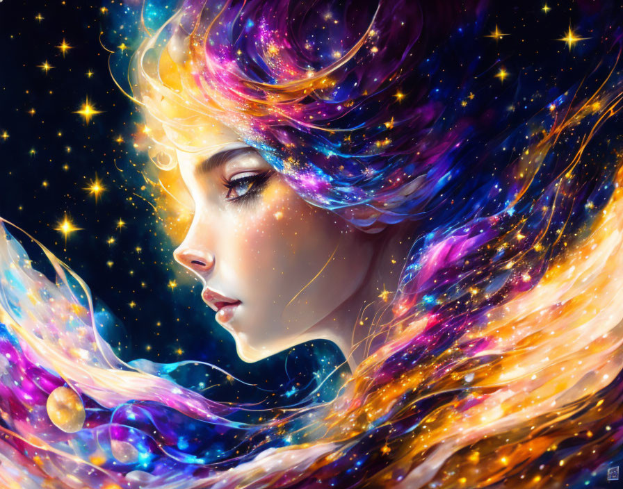 Digital artwork: Woman with galaxy hair and cosmic colors