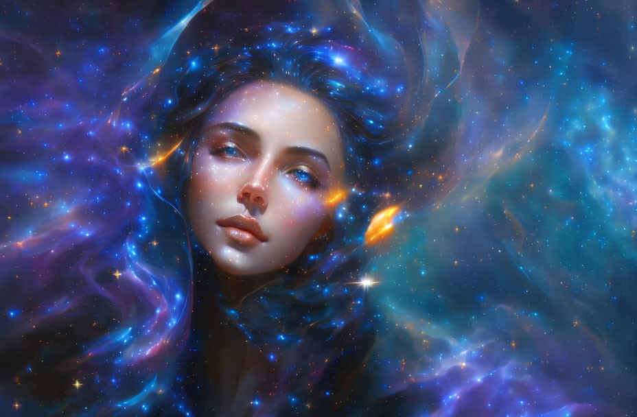 Cosmic-themed portrait of a serene woman with flowing galactic hair