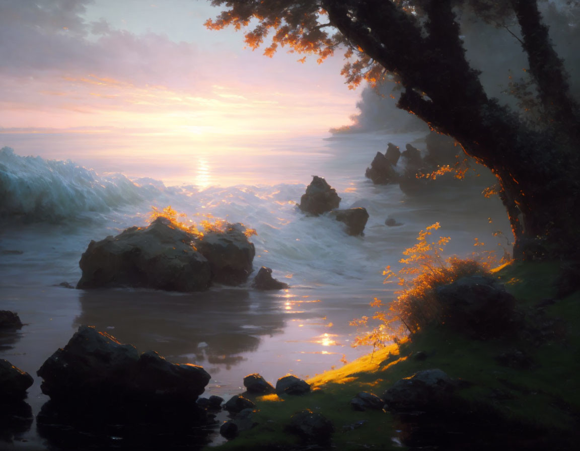 Tranquil coastal scene at sunset with waves, rocks, tree, and reflections