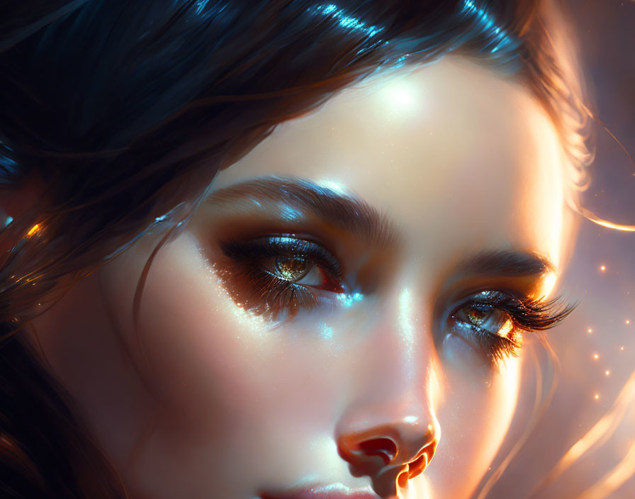 Illustrated female character with sparkling eyes and glowing skin