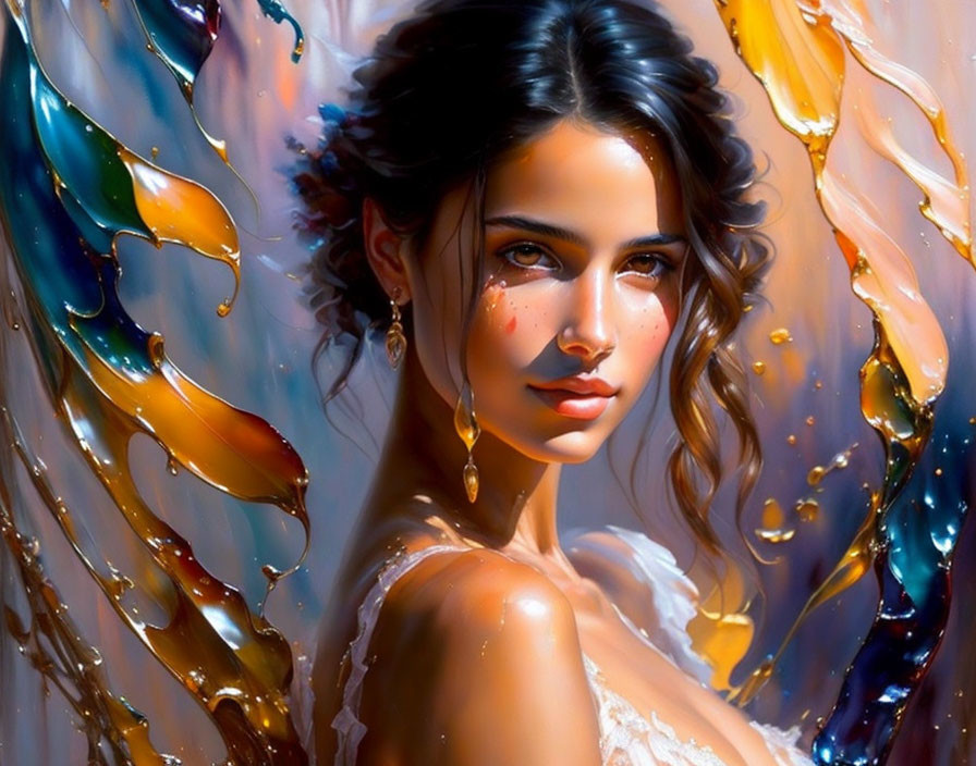 Serene young woman portrait with vibrant flowing colors