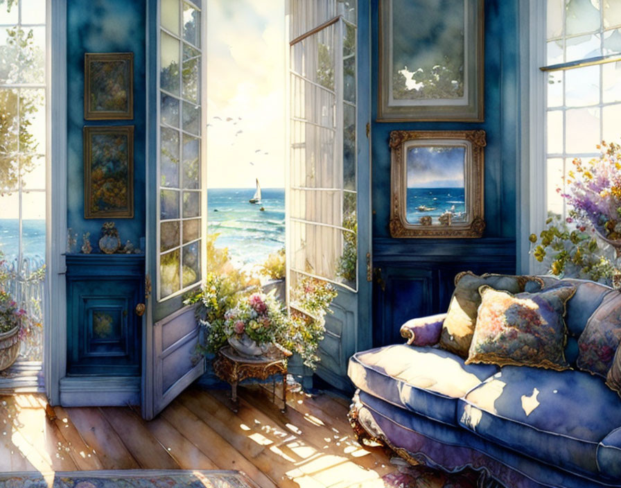 Sunlit seaside room with French doors, plush sofa, flowers, and artwork on blue walls