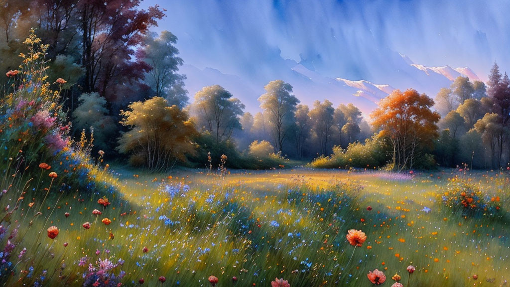 Landscape painting: Vibrant meadow, blooming flowers, autumn trees, misty mountains