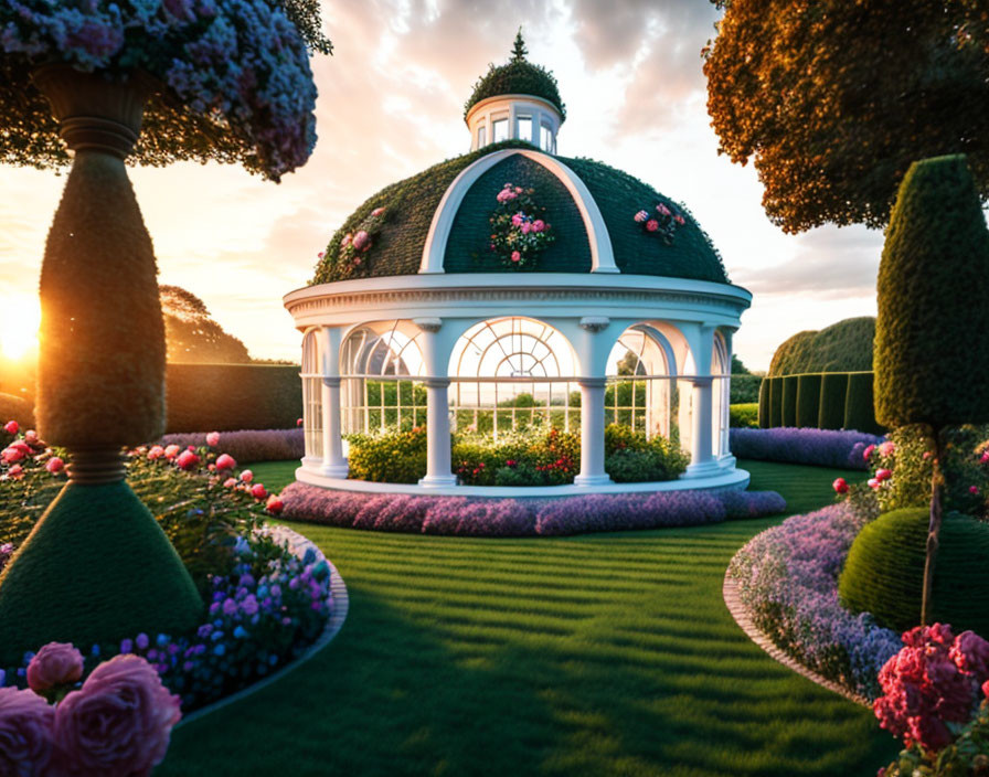 White Gazebo in Manicured Gardens at Sunset