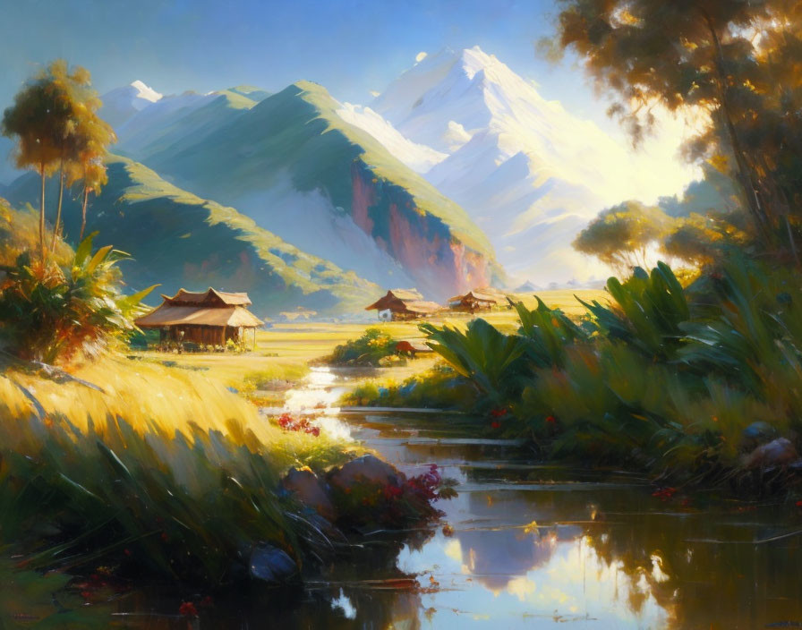 Traditional huts by river with lush flora and mountains in warm sunlight