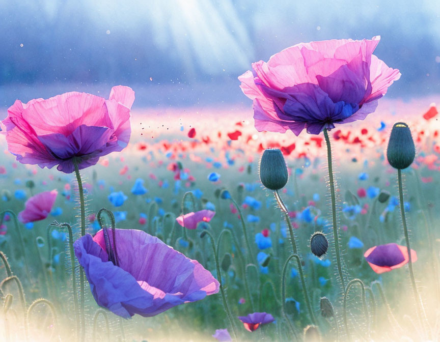 Pink poppies field under soft sunlit sky with delicate petals and unopened buds.