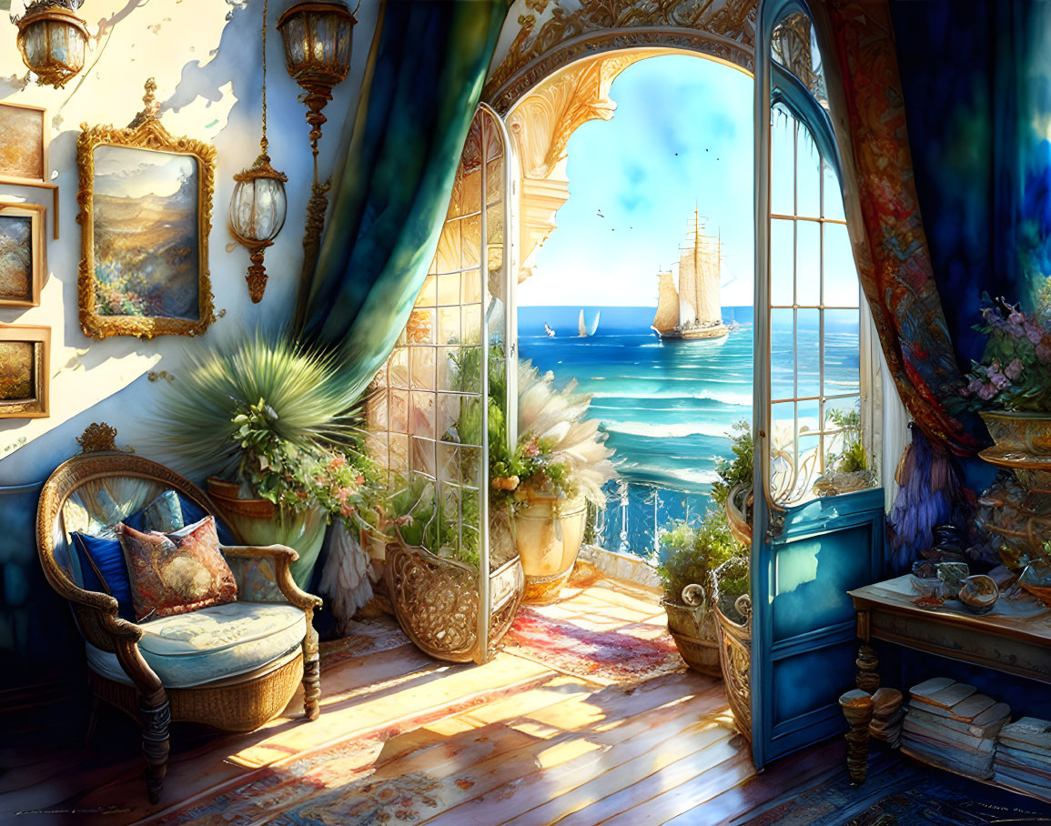 Sunlit room with balcony view of sailboat and sea, adorned with plants and art