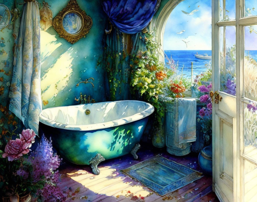 Luxurious bathroom with claw-foot tub, ocean view, lush flowers, and elegant drapery.