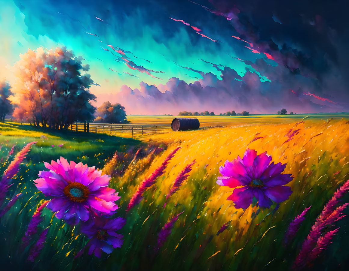 Scenic landscape with pink flowers, golden field, trees, hay bale, and dramatic sky