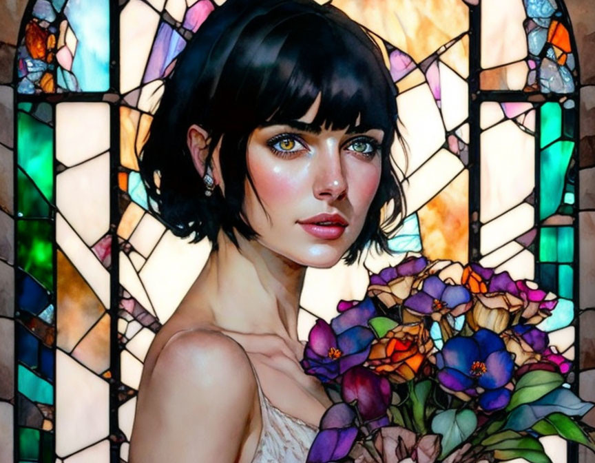 Portrait of Woman with Short Black Hair and Striking Eyes Against Colorful Stained Glass Background Holding Bou