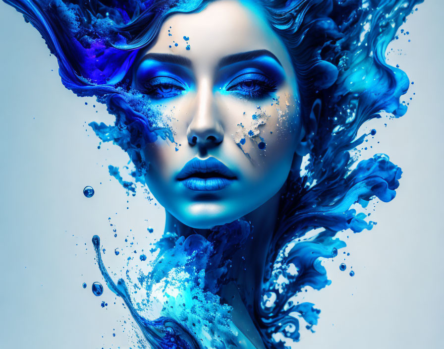 Surreal portrait of woman with vibrant blue skin and makeup emerging from blue liquid and ink splashes