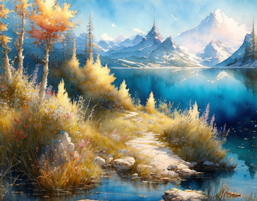 Autumnal lakeside painting with colorful foliage and snow-capped mountains