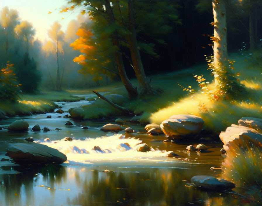 Sunlit forest stream with rocks, gentle rapids, and autumn foliage