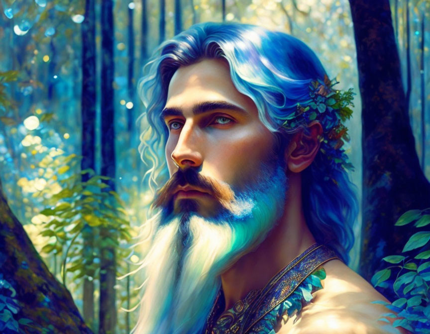 Man with Blue-Tinted Hair and Beard in Forest Setting with Leafy Accessories