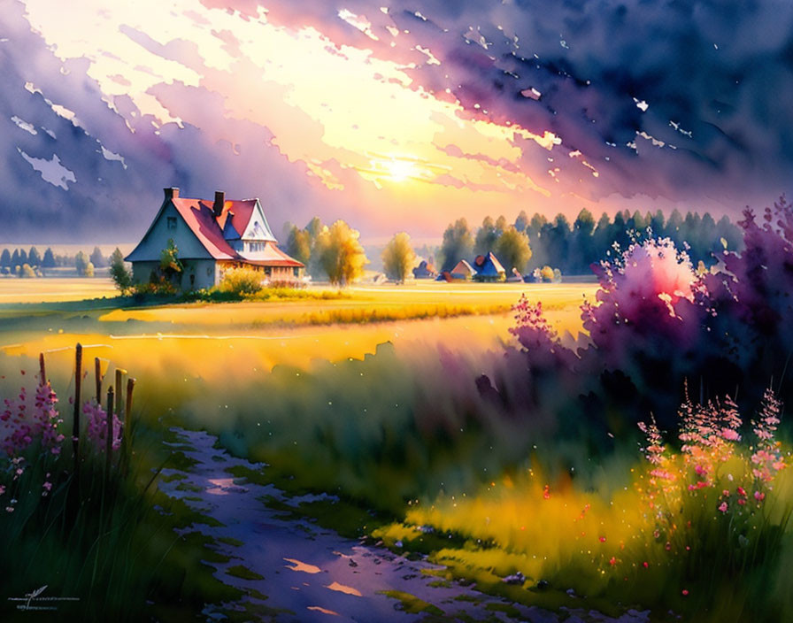 Sunset painting with warm light over countryside scene